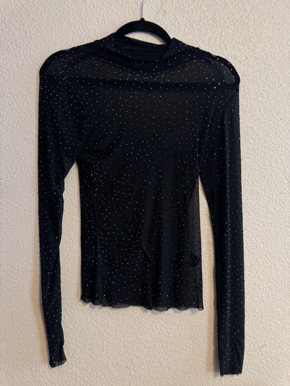 AFRM Black Rhinestone Mesh Mock Neck Long-Sleeve Top